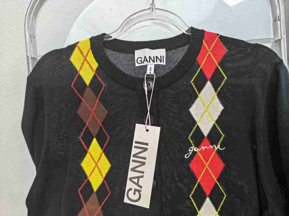 GANNI Black Colorful Argyle Long Sleeve Cropped Knit Cardigan - Picture 4 of 5